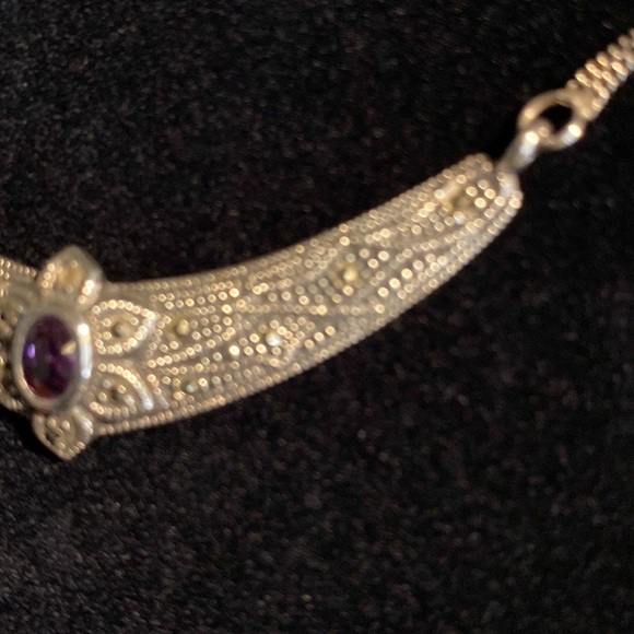 Antiqued Sterling Silver with Marcasite and Amethyst Necklace Earring Set - Picture 8 of 8